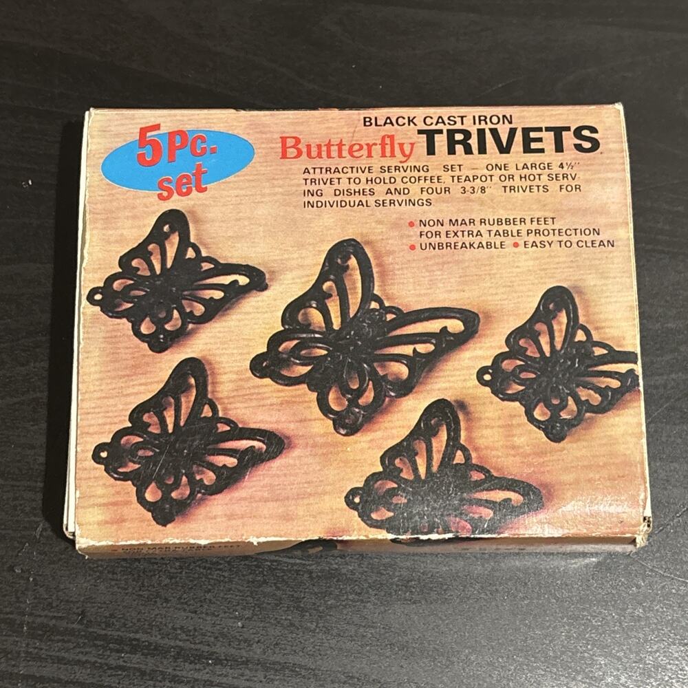 Vintage MCM Black Cast Iron Butterfly Trivets 5 Pc Set Footed Taiwan New In Box